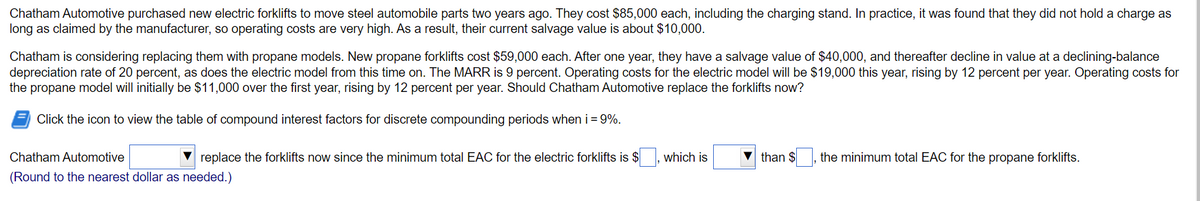 Chatham Automotive purchased new electric forklifts to move steel automobile parts two years ago. They cost $85,000 each, including the charging stand. In practice, it was found that they did not hold a charge as
long as claimed by the manufacturer, so operating costs are very high. As a result, their current salvage value is about $10,000.
Chatham is considering replacing them with propane models. New propane forklifts cost $59,000 each. After one year, they have a salvage value of $40,000, and thereafter decline in value at a declining-balance
depreciation rate of 20 percent, as does the electric model from this time on. The MARR is 9 percent. Operating costs for the electric model will be $19,000 this year, rising by 12 percent per year. Operating costs for
the propane model will initially be $11,000 over the first year, rising by 12 percent per year. Should Chatham Automotive replace the forklifts now?
Click the icon to view the table of compound interest factors for discrete compounding periods when i = 9%.
Chatham Automotive
replace the forklifts now since the minimum total EAC for the electric forklifts is $
which is
than $
the minimum total EAC for the propane forklifts.
(Round to the nearest dollar as needed.)
