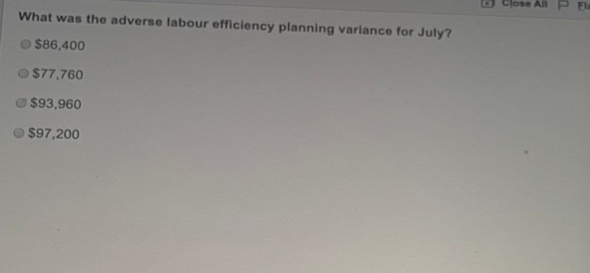 What was the adverse labour efficiency planning variance for July?
$86,400
$77,760
$93,960
$97,200
Close All P Fla