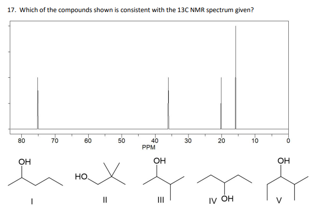 17. Which of the compounds shown is consistent with the 13C NMR spectrum given?
80
OH
I
70
60
HO.
=
||
50
40
PPM
OH
30
20
IV OH
10
OH