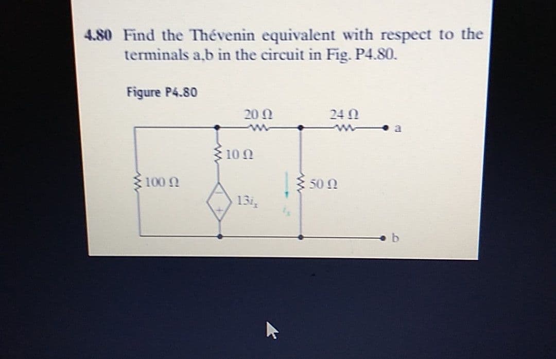 4.80 Find the Thévenin equivalent with respect to the
terminals a,b in the circuit in Fig. P4.80.
Figure P4.80
20 0
24 N
10 0
100
50 0
13i
