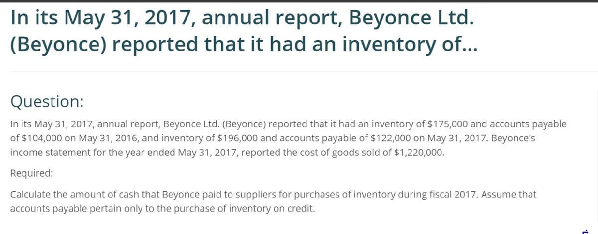In its May 31, 2017, annual report, Beyonce Ltd.
(Beyonce) reported that it had an inventory of...
Question:
In its May 31, 2017, annual report, Beyonce Ltd. (Beyonce) reported that it had an inventory of $175,000 and accounts payable
of $104,000 on May 31, 2016, and inventory of $196,000 and accounts payable of $122,000 on May 31, 2017. Beyonce's
income statement for the year ended May 31, 2017, reported the cost of goods sold of $1,220,000.
Required:
Calculate the amount of cash that Beyonce paid to suppliers for purchases of inventory during fiscal 2017. Assume that
accounts payable pertain only to the purchase of inventory on credit.