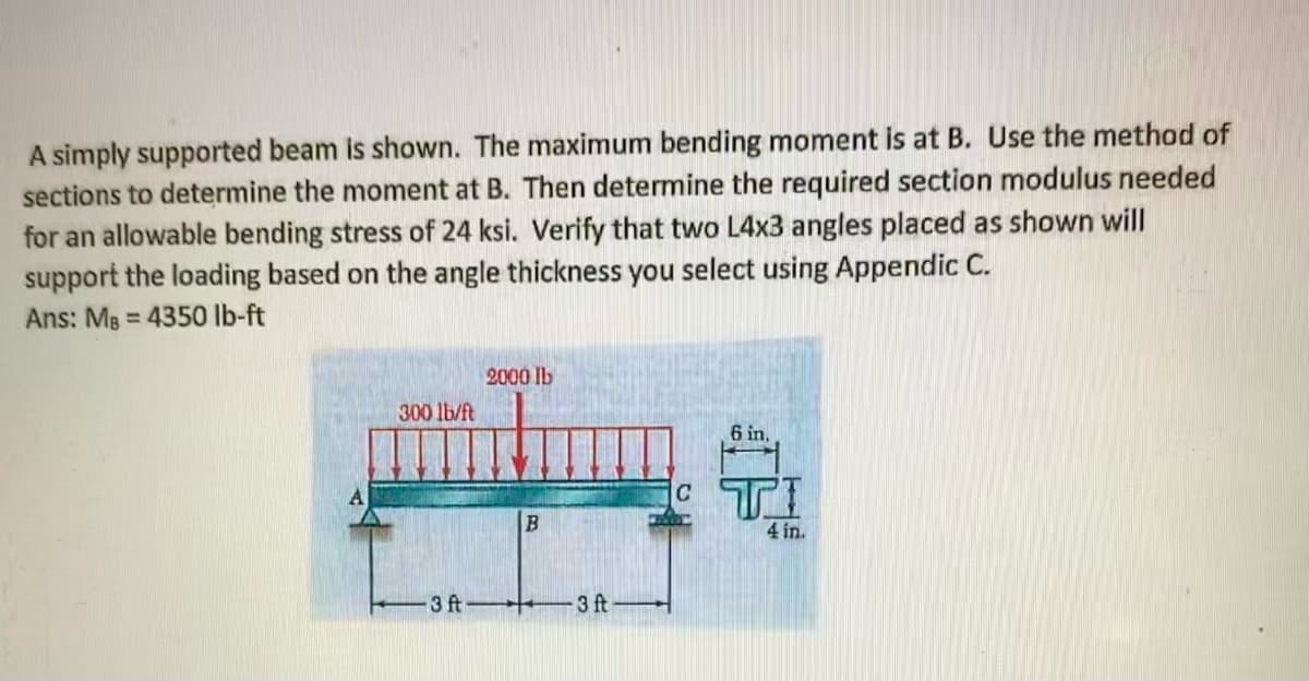 A simply supported beam is shown. The maximum bending moment is at B. Use the method of
sections to determine the moment at B. Then determine the required section modulus needed
for an allowable bending stress of 24 ksi. Verify that two L4x3 angles placed as shown will
support the loading based on the angle thickness you select using Appendic C.
Ans: Ms = 4350 Ib-ft
%3D
2000 Ib
300 lb/ft
6 in,
CTI
4 in.
3 ft
3 ft
