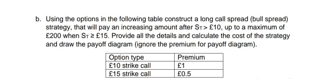 b. Using the options in the following table construct a long call spread (bull spread)
strategy, that will pay an increasing amount after ST> £10, up to a maximum of
£200 when ST 2 £15. Provide all the details and calculate the cost of the strategy
and draw the payoff diagram (ignore the premium for payoff diagram).
Option type
£10 strike call
£15 strike call
Premium
£1
£0.5
