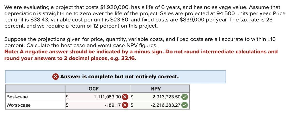 We are evaluating a project that costs $1,920,000, has a life of 6 years, and has no salvage value. Assume that
depreciation is straight-line to zero over the life of the project. Sales are projected at 94,500 units per year. Price
per unit is $38.43, variable cost per unit is $23.60, and fixed costs are $839,000 per year. The tax rate is 23
percent, and we require a return of 12 percent on this project.
Suppose the projections given for price, quantity, variable costs, and fixed costs are all accurate to within ±10
percent. Calculate the best-case and worst-case NPV figures.
Note: A negative answer should be indicated by a minus sign. Do not round intermediate calculations and
round your answers to 2 decimal places, e.g. 32.16.
× Answer is complete but not entirely correct.
1,111,083.00 $
OCF
Best-case
Worst-case
$
-189.17
NPV
2,913,723.50
-2,216,283.27