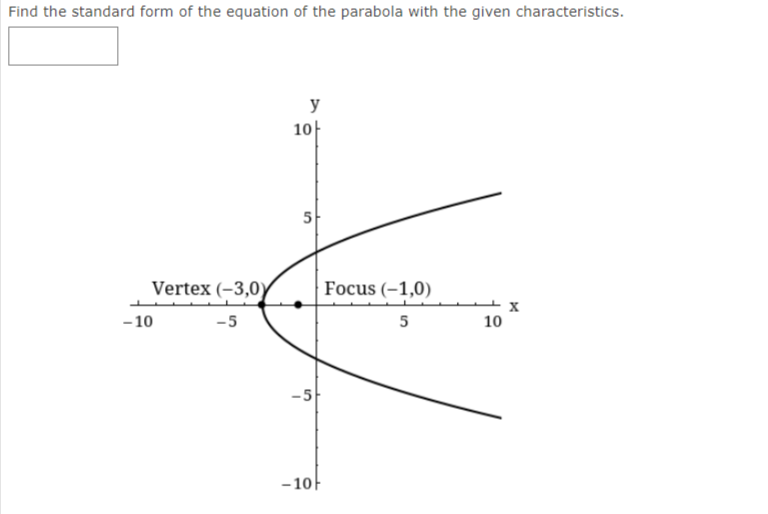 Find the standard form of the equation of the parabola with the given characteristics.
y
10}
5-
Vertex (-3,0)
Focus (-1,0)
- 10
-5
5
10
-5
- 10
