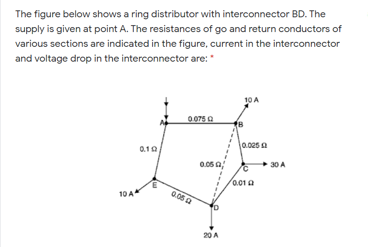 The figure below shows a ring distributor with interconnector BD. The
supply is given at point A. The resistances of go and return conductors of
various sections are indicated in the figure, current in the interconnector
and voltage drop in the interconnector are:
10 A
0.075 2
B
0.025 2
0.12
0.05 2/
+ 30 A
0.01 a
10 A
0.05 2
20 A
