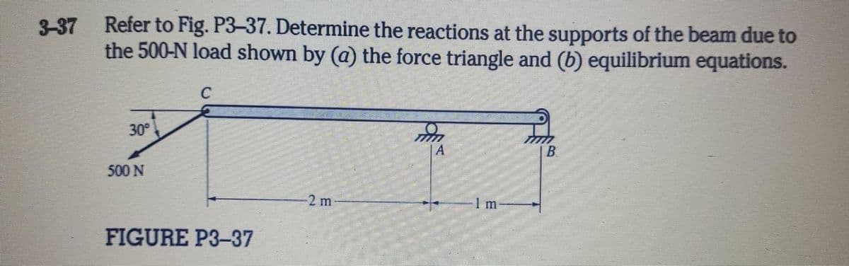 3-37
Refer to Fig. P3-37. Determine the reactions at the supports of the beam due to
the 500-N load shown by (a) the force triangle and (b) equilibrium equations.
30
500 N
2 m
FIGURE P3-37

