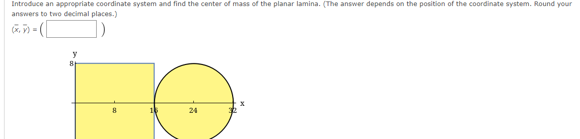Introduce an appropriate coordinate system and find the center of mass of the planar lamina. (The answer depends on the position of the coordinate system. Round your
answers to two decimal places.)
ã, V) = (_
y
8.
X.
8
24
