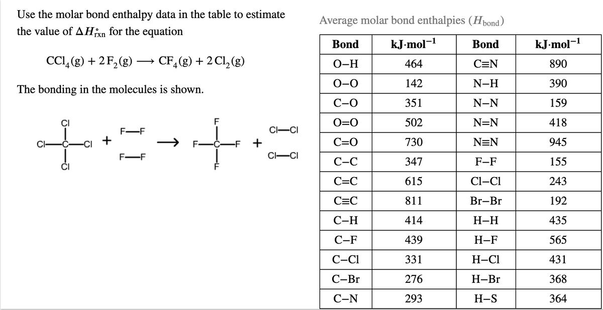 Use the molar bond enthalpy data in the table to estimate
Average molar bond enthalpies (Hbond)
the value of AHxn for the equation
Bond
kJ-mol-1
Bond
kJ-mol-1
CCI, (g) + 2F, (g)
CF,(g) + 2 Cl, (g)
O-H
464
C=N
890
0-0
142
N-H
390
The bonding in the molecules is shown.
С-0
351
N-N
159
F
O=0
502
N=N
418
F-F
CI-CI
C-F +
C=O
730
N=N
945
F-F
CI-CI
С-С
347
F-F
155
C=C
615
Cl-Cl
243
C=C
811
Br-Br
192
С-Н
414
Н-Н
435
С-F
439
Н-F
565
C-CI
331
Н-СІ
431
С-Br
276
Н-Br
368
С-N
293
H-S
364
