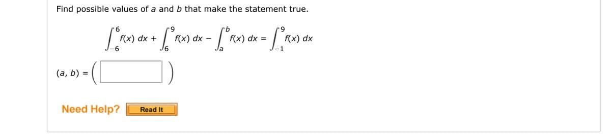 Find possible values of a and b that make the statement true.
(a, b) =
[ºr(x) dx + [*r(x) dx - [ ^rix) dx = [ ^_^(x) dx
f(x)
-6
-1
Need Help?
Read It