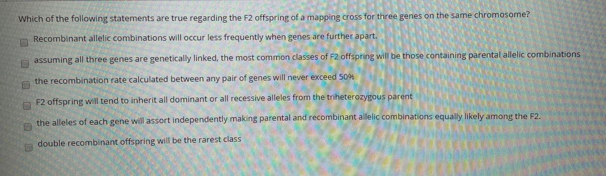 Which of the following statements are true regarding the F2 offspring of a mapping cross for three genes on the same chromosome?
Recombinant allelic combinations will occur less frequently when genes are further apart.
assuming all three genes are genetically linked, the most common classes of F2 offspring will be those containing parental allelic combinations
the recombination rate calculated between any pair of genes will never exceed 50%
F2 offspring will tend to inherit all dominant or all recessive alleles from the triheterozygous parent
the alleles bf each gene willassort independently making parental and recombinant allelic combinations equally likely among the F2.
double recombinant offspring will be the rarest class
