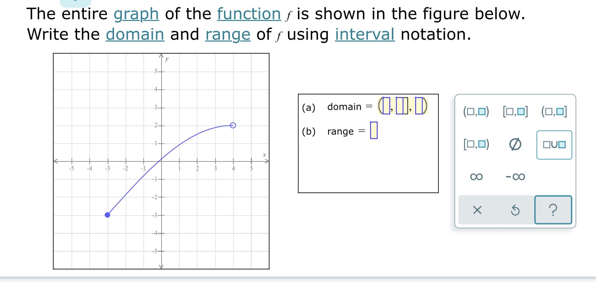 The entire graph of the function s is shown in the figure below.
Write the domain and range of f using interval notation.
CID
(a) domain
(0,0) [0,0) (0,0)
3-
2-
(b) range
[0,0)
OUO
-5
-4
00
-1-
-2-
-3-
--5–

