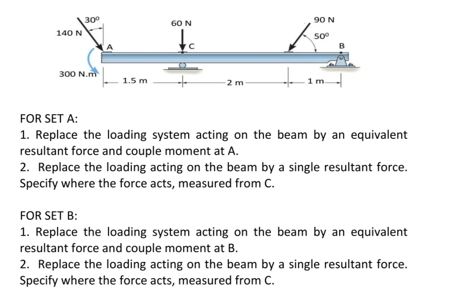 30°
90 N
60 N
140 N
50°
B
300 N.m
1.5 m
2 m
1 m.
FOR SET A:
1. Replace the loading system acting on the beam by an equivalent
resultant force and couple moment at A.
2. Replace the loading acting on the beam by a single resultant force.
Specify where the force acts, measured from C.
FOR SET B:
1. Replace the loading system acting on the beam by an equivalent
resultant force and couple moment at B.
2. Replace the loading acting on the beam by a single resultant force.
Specify where the force acts, measured from C.
