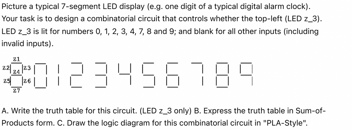 Picture a typical 7-segment LED display (e.g. one digit of a typical digital alarm clock).
Your task is to design a combinatorial circuit that controls whether the top-left (LED z_3).
LED z_3 is lit for numbers 0, 1, 2, 3, 4, 7, 8 and 9; and blank for all other inputs (including
invalid inputs).
Z1
20123456789
A. Write the truth table for this circuit. (LED z_3 only) B. Express the truth table in Sum-of-
Products form. C. Draw the logic diagram for this combinatorial circuit in "PLA-Style".