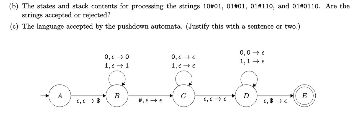 (b) The states and stack contents for processing the strings 10#01, 01#01, 01#110, and 01# 0110. Are the
strings accepted or rejected?
(c) The language accepted by the pushdown automata. (Justify this with a sentence or two.)
A
€, € $
0, € → 0
1,1
B
#, € → €
0, € → €
1, € €
€, € →→ €
0,0 €
1,1 →→ €
D
$→ €
E