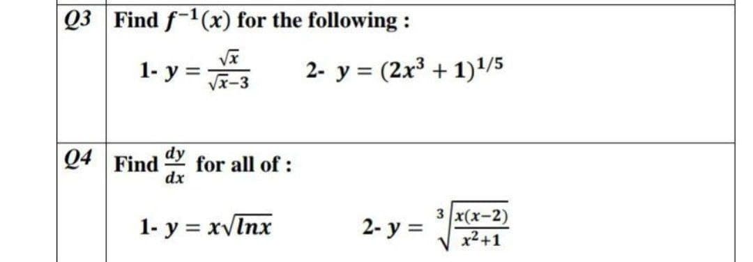 Q3 Find f-1(x) for the following :
1- у %3D
2- y = (2x3 + 1)1/5
Vx-3
Q4 Find
dy
for all of :
dx
1- y = xvInx
2- у 3
3 |x(х-2)
x²+1
