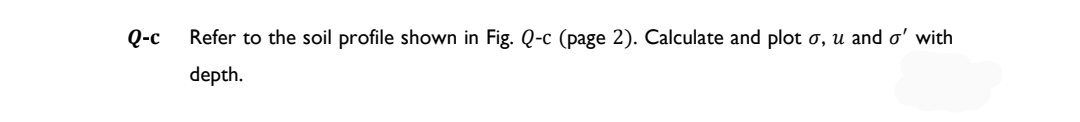 Q-C
Refer to the soil profile shown in Fig. Q-c (page 2). Calculate and plot o, u and o' with
depth.