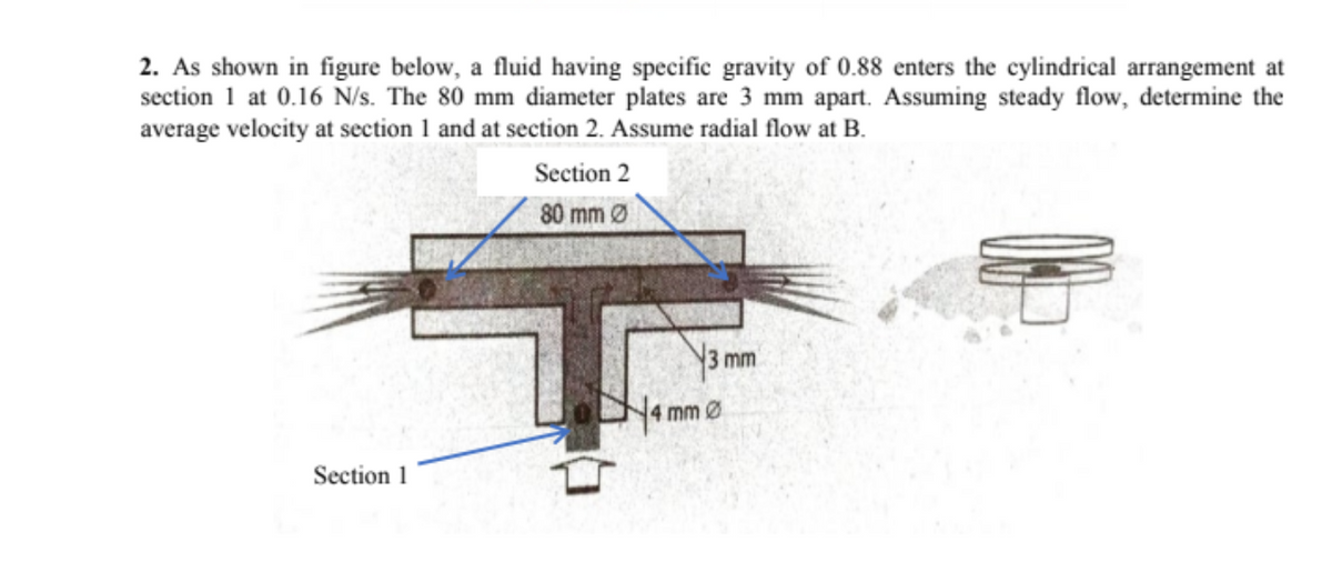 2. As shown in figure below, a fluid having specific gravity of 0.88 enters the cylindrical arrangement at
section 1 at 0.16 N/s. The 80 mm diameter plates are 3 mm apart. Assuming steady flow, determine the
average velocity at section 1 and at section 2. Assume radial flow at B.
Section 2
80 mm Ø
3 mm
4 mm Ø
Section 1
