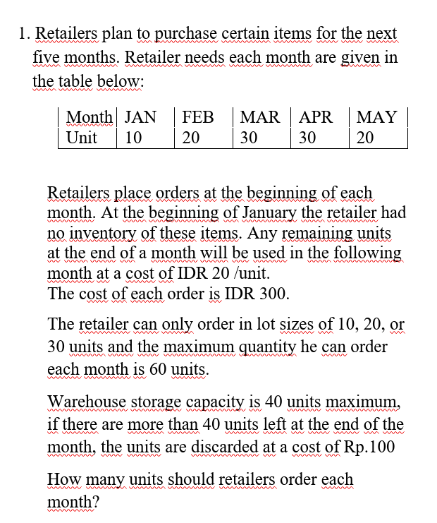 1. Retailers plan to purchase certain items for the next
five months. Retailer needs each month are given in
the table below:
Month JAN
Unit 10
FEB MAR APR
30
20
30
MAY
20
Retailers place orders at the beginning of each
month. At the beginning of January the retailer had
no inventory of these items. Any remaining units
at the end of a month will be used in the following
month at a cost of IDR 20/unit.
The cost of each order is IDR 300.
The retailer can only order in lot sizes of 10, 20, or
30 units and the maximum quantity he can order
each month is 60 units.
Warehouse storage capacity is 40 units maximum,
if there are more than 40 units left at the end of the
month, the units are discarded at a cost of Rp.100
How many units should retailers order each
month?