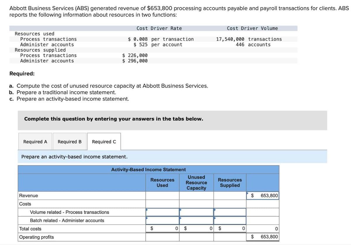 Abbott Business Services (ABS) generated revenue of $653,800 processing accounts payable and payroll transactions for clients. ABS
reports the following information about resources in two functions:
Resources used
Process transactions
Administer accounts
Resources supplied
Process transactions
Administer accounts
Required:
a. Compute the cost of unused resource capacity at Abbott Business Services.
b. Prepare a traditional income statement.
c. Prepare an activity-based income statement.
Required A Required B Required C
Complete this question by entering your answers in the tabs below.
Prepare an activity-based income statement.
Revenue
Costs
Cost Driver Rate
$ 0.008 per transaction
$525 per account
$ 226,000
$ 296,000
Volume related - Process transactions
Batch related - Administer accounts
Total costs
Operating profits
Activity-Based Income Statement
Resources
Used
$
Unused
Resource
Capacity
0 $
Cost Driver Volume
17,540,000 transactions
446 accounts
Resources
Supplied
0 $
0
$ 653,800
$
0
653,800