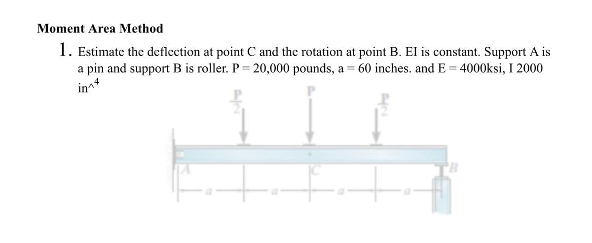 Moment Area Method
1. Estimate the deflection at point C and the rotation at point B. EI is constant. Support A is
a pin and support B is roller. P = 20,000 pounds, a =
in^4
60 inches. and E = 4000ksi, I 2000
