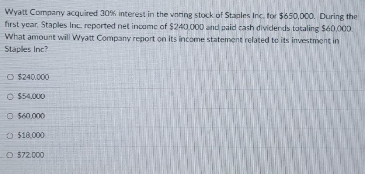 Wyatt Company acquired 30% interest in the voting stock of Staples Inc. for $650,000. During the
first year, Staples Inc. reported net income of $240,000 and paid cash dividends totaling $60,000.
What amount will Wyatt Company report on its income statement related to its investment in
Staples Inc?
O $240,000
O $54,000
O $60,000
$18,000
O $72,000