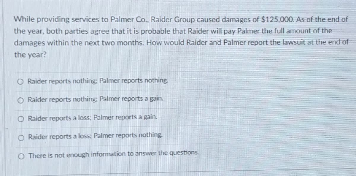 While providing services to Palmer Co., Raider Group caused damages of $125,000. As of the end of
the year, both parties agree that it is probable that Raider will pay Palmer the full amount of the
damages within the next two months. How would Raider and Palmer report the lawsuit at the end of
the year?
Raider reports nothing: Palmer reports nothing.
Raider reports nothing: Palmer reports a gain.
Raider reports a loss; Palmer reports a gain.
Raider reports a loss: Palmer reports nothing.
There is not enough information to answer the questions.