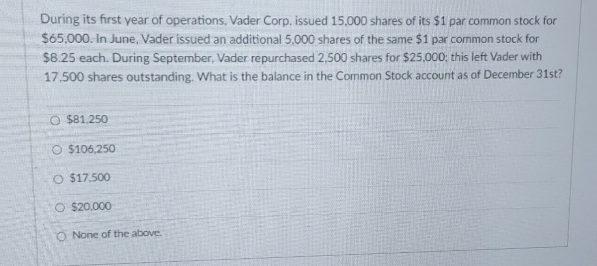 During its first year of operations, Vader Corp. issued 15,000 shares of its $1 par common stock for
$65,000. In June, Vader issued an additional 5,000 shares of the same $1 par common stock for
$8.25 each. During September, Vader repurchased 2,500 shares for $25,000; this left Vader with
17,500 shares outstanding. What is the balance in the Common Stock account as of December 31st?
$81.250
O $106,250
O $17,500
O $20,000
O None of the above.
