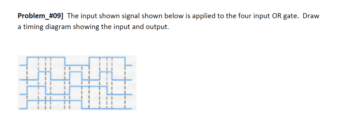 Problem_#09] The input shown signal shown below is applied to the four input OR gate. Draw
a timing diagram showing the input and output.
10
11