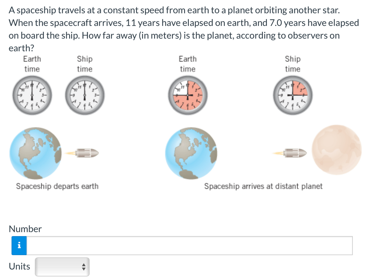 A spaceship travels at a constant speed from earth to a planet orbiting another star.
When the spacecraft arrives, 11 years have elapsed on earth, and 7.0 years have elapsed
on board the ship. How far away (in meters) is the planet, according to observers on
earth?
Earth
time
Spaceship departs earth
Number
Ship
time
Units
Earth
time
Ship
time
Spaceship arrives at distant planet