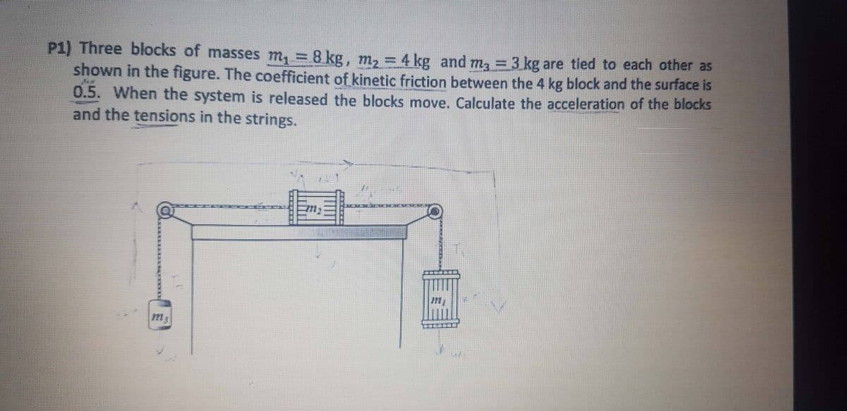 P1) Three blocks of masses m, = 8 kg, m, = 4 kg and ma = 3 kg are tied to each other as
shown in the figure. The coefficient of kinetic friction between the 4 kg block and the surface is
0.5. When the system is released the blocks move. Calculate the acceleration of the blocks
and the tensions in the strings.
