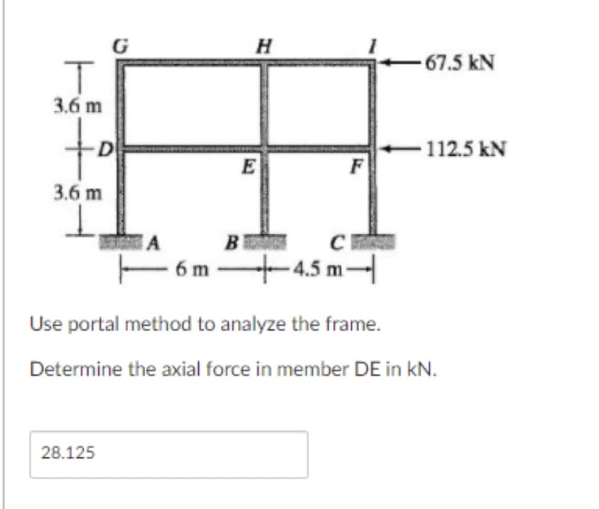 G
H
-67.5 kN
3.6 m
to
- 112.5 kN
F
D
E
3.6 m
B
6 m 4.5 m-
IA
Use portal method to analyze the frame.
Determine the axial force in member DE in kN.
28.125
