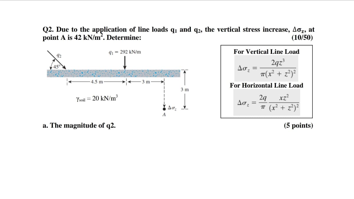 Q2. Due to the application of line loads q1 and q2, the vertical stress increase, Ao,, at
point A is 42 kN/m?. Determine:
(10/50)
91 = 292 kN/m
For Vertical Line Load
92
2qz?
Ao, =
T(x² + z?)²
45
4.5 m
3 m
For Horizontal Line Load
3 m
xz?
2q
Ao =
Ysoil = 20 kN/m³
T (x² + z²)²
A
a. The magnitude of q2.
(5 points)
