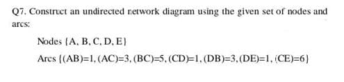 Q7. Construct an undirected network diagram using the given set of nodes and
arcs:
Nodes (A, B, C, D, E}
Arcs (AB)=1, (AC)=3, (BC)=5, (CD)=1, (DB)=3,(DE)=1, (CE)=6}
