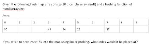 Given the following hash map array of size 10 (horrible array sizell) and a hashing function of
num%arraysize:
Array:
1
2
3
4
6.
30
43
54
25
27
If you were to next insert 73 into the map using linear probing, what index would it be placed at?
