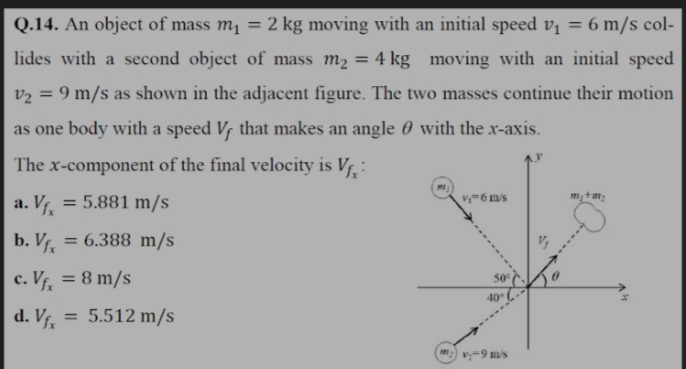 Q.14. An object of mass m, = 2 kg moving with an initial speed v = 6 m/s col-
%3D
lides with a second object of mass m2 = 4 kg moving with an initial speed
v2 = 9 m/s as shown in the adjacent figure. The two masses continue their motion
%3D
as one body with a speed Vr that makes an angle 0 with the x-axis.
The x-component of the final velocity is Vr:
a. Vr. = 5.881 m/s
-6 ms
%3D
b. Vr, = 6.388 m/s
c. V, = 8 m/s
%3D
50°
40
d. Vf.
5.512 m/s
v-9 m/s
