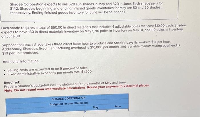 Shadee Corporation expects to sell 520 sun shades in May and 320 in June. Each shade sells for
$142. Shadee's beginning and ending finished goods inventories for May are 80 and 50 shades,
respectively. Ending finished goods inventory for June will be 55 shades.
Each shade requires a total of $50.00 in direct materials that includes 4 adjustable poles that cost $10.00 each. Shadee
expects to have 130 in direct materials inventory on May 1, 90 poles in inventory on May 31, and 110 poles in inventory
on June 30.
Suppose that each shade takes three direct labor hour to produce and Shadee pays its workers $14 per hour.
Additionally, Shadee's fixed manufacturing overhead is $10,000 per month, and variable manufacturing overhead is
$10 per unit produced.
Additional information:
Selling costs are expected to be 9 percent of sales.
• Fixed administrative expenses per month total $1,200.
Required:
Prepare Shadee's budgeted income statement for the months of May and June.
Note: Do not round your intermediate calculations. Round your answers to 2 decimal places.
SHADEE CORPORATION
Budgeted Income Statement
May
June