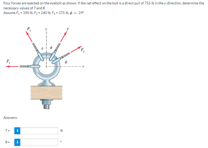 Four forces are exerted on the eyebolt as shown. If the net effect on the bolt is a direct pull of 755 lb in the y-direction, determine the
necessary values of T and 8.
Assume F₁ - 390 lb, F₂-240 lb, F3-375 lb, = 29°
T
F₁
Answers:
T-
i
8-
i
lb
F₂