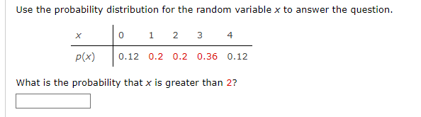 Use the probability distribution for the random variable x to answer the question.
2 3 4
X
p(x)
0
1
0.12 0.2 0.2 0.36 0.12
What is the probability that x is greater than 2?