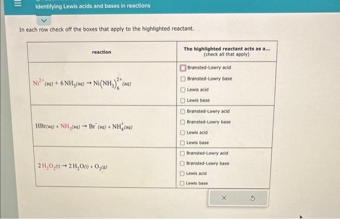 Ill
Identifying Lewis acids and bases in reactions
In each row check off the boxes that apply to the highlighted reactant.
reaction
Ni® (9) + 6NH,(aq) → Ni(NH,), (a)
HBr(aq) + NH₂(aq) → Br (aq) + NH(aq)
-
2H₂O₂)2H₂O() + O₂(9)
The highlighted reactant acts as a...
(check all that apply)
Brønsted-Lowry acid
Brønsted-Lowry base
Lewis acid
Lewis base
Brønsted-Lowry acid
Brønsted-Lowry base
Lewis acid
Lewis base
Brønsted-Lowry acid
Bransted-Lowry base
Lewis acid
Lewis base