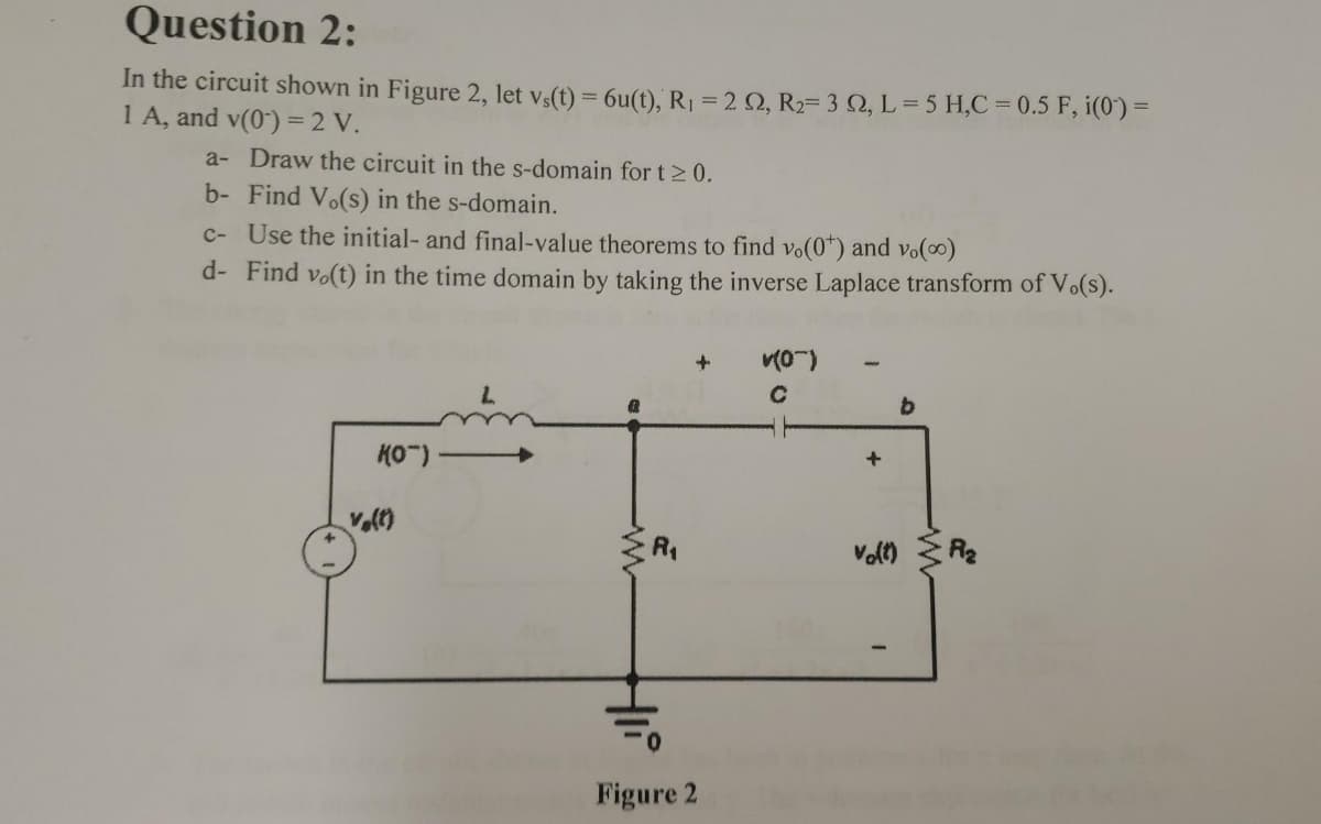 Question 2:
In the circuit shown in Figure 2, let vs(t) = 6u(t), R1 = 2 Q, R2= 3 Q, L = 5 H,C = 0.5 F, i(0) =
1 A, and v(0") = 2 V.
a- Draw the circuit in the s-domain for t 2 0.
b- Find Vo(s) in the s-domain.
c- Use the initial- and final-value theorems to find vo(0") and vo(o)
d- Find vo(t) in the time domain by taking the inverse Laplace transform of Vo(s).
v(0")
KO")
R1
Vol)
R2
Figure 2
HIP
