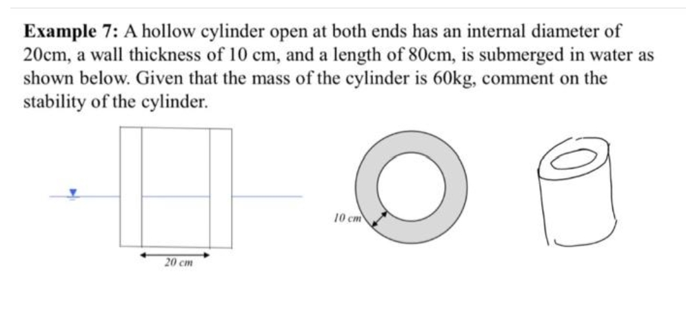 Example 7: A hollow cylinder open at both ends has an internal diameter of
20cm, a wall thickness of 10 cm, and a length of 80cm, is submerged in water as
shown below. Given that the mass of the cylinder is 60kg, comment on the
stability of the cylinder.
10 cm
20 cm

