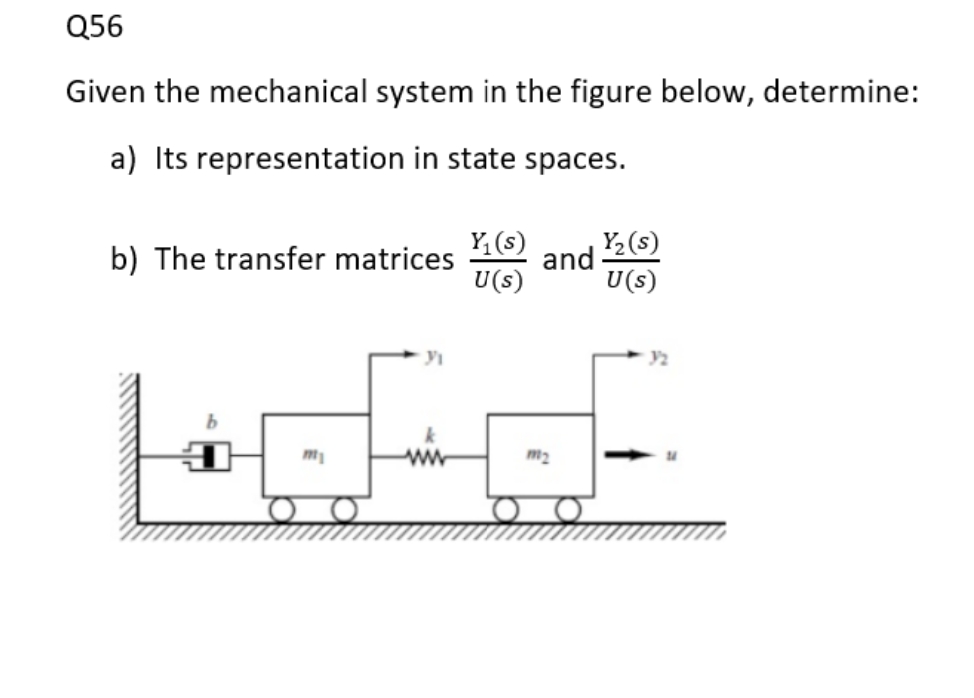 Q56
Given the mechanical system in the figure below, determine:
a) Its representation in state spaces.
Y, (s)
and (s)
U(s)
b) The transfer matrices
U(s)
m2
