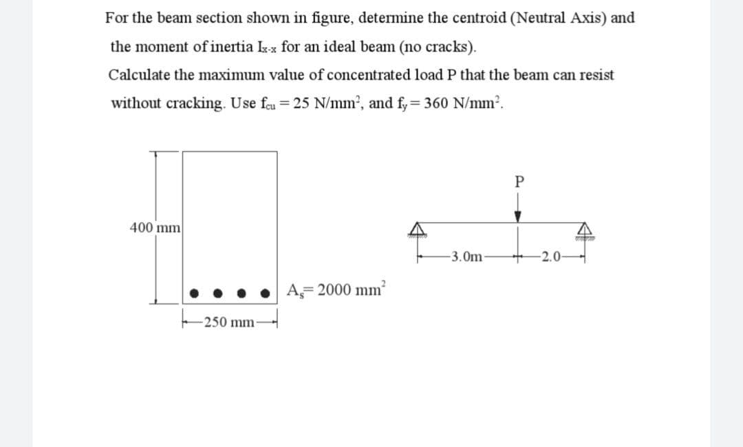 For the beam section shown in figure, determine the centroid (Neutral Axis) and
the moment of inertia Ix-x for an ideal beam (no cracks).
Calculate the maximum value of concentrated load P that the beam can resist
without cracking. Use feu = 25 N/mm², and fy = 360 N/mm².
400 mm
-250 mm-
A = 2000 mm²
-3.0m
P
-2.0-