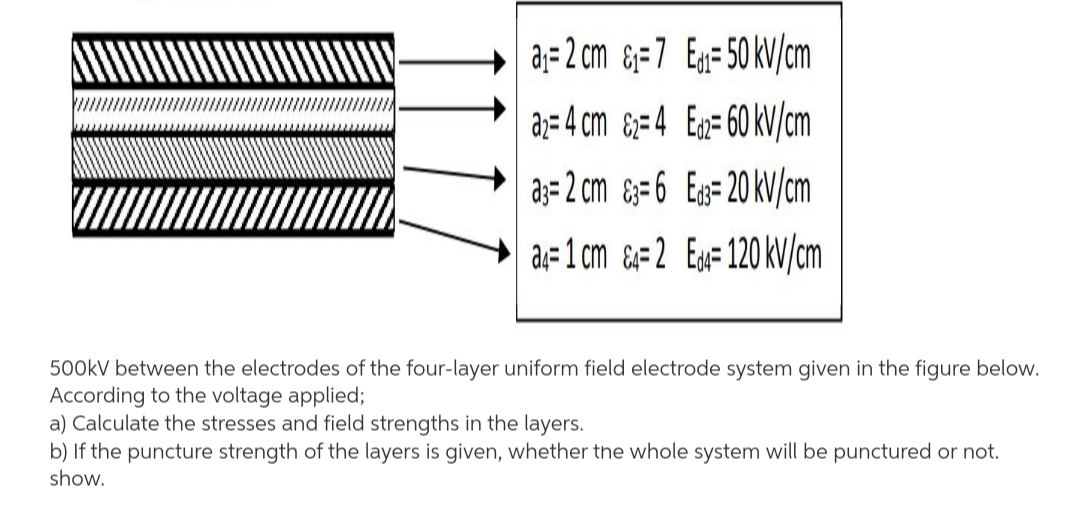 aj= 2 cm &=7 Eg=50 kV/cm
a;= 4 cm &;=4 Eg= 60 kV/cm
a;= 2 cm &=6 Eg=20 kV/cm
a;=1 cm &#2 Ex=120 kV/cm
500KV between the electrodes of the four-layer uniform field electrode system given in the figure below.
According to the voltage applied;
a) Calculate the stresses and field strengths in the layers.

