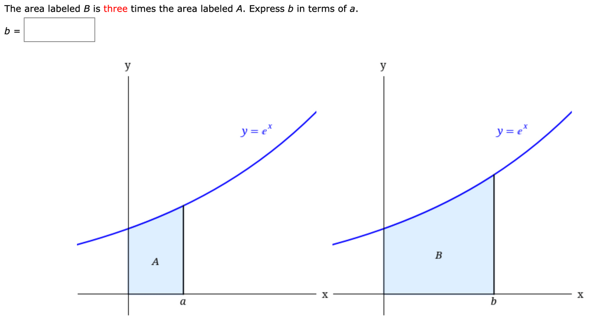 The area labeled B is three times the area labeled A. Express b in terms of a.
b =
y
y
y = e*
y = e*
B
A
X
а
b
