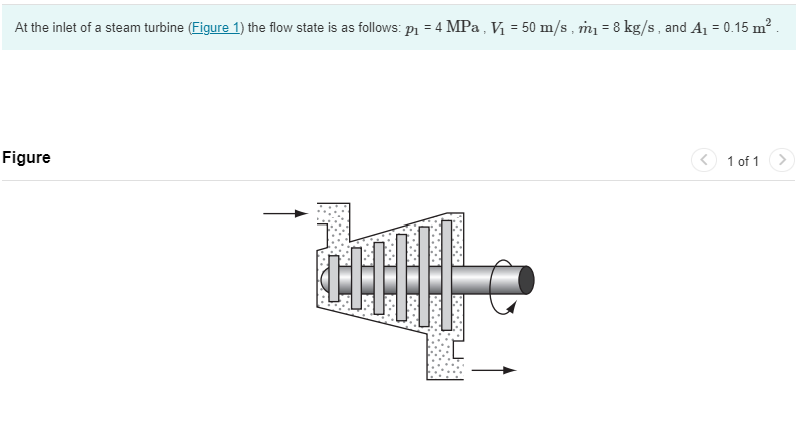 At the inlet of a steam turbine (Figure 1) the flow state is as follows: P₁ = 4 MPa, V₁ = 50 m/s, m₁ = 8 kg/s, and A₁ = 0.15 m².
Figure
4
1 of 1