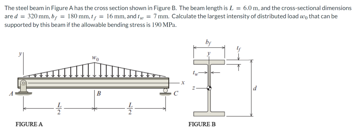 The steel beam in Figure A has the cross section shown in Figure B. The beam length is L = 6.0 m, and the cross-sectional dimensions
are d =
320 mm, bf =
180 mm, tf = 16 mm, and tw 7 mm. Calculate the largest intensity of distributed load wo that can be
supported by this beam if the allowable bending stress is 190 MPa.
=
FIGURE A
12
L
Wo
B
72
L
X
tw
Z
bf
FIGURE B
d
