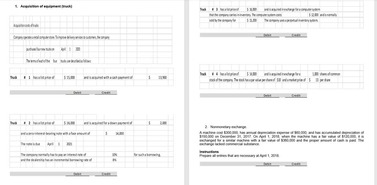 1. Acquisition of equipment (truck)
$ 16,000
that the company carries ininventory. The computer system costs
$ 15,200
Truck
# 3 has a list price of
2$
and is acquired in exchange for a computer system
$ 12,000 andis normally
sold by the company for
The company uses a perpetual inventory system.
Acquisition costs of trucks
Debit
Credit
Company operates a retail computer store. Toimprove de livery services to customers, the company
purchases four new trucks on
April 1
2020
The terms of eachof the four trucks are described as follows:
# 4 has a list price of
stock of the company. The stock has a par value per share of $10 and a market price of $ 13 per share
Truck
$ 14,000
and is acquired in exchange for a
1,000 shares of common
Truck
# 1 has a list price of
$ 15,000
and is acquired with a cash payment of
$
13,900
Debit
Credit
Debit
Credit
Truck
# 2 has a list price of
$ 16,000
and is acquired for a down payme nt of
$
2,000
2. Nonmonetary exchange.
A machine cost $300,000, has annual depreciation expense of $60,000, and has accumulated depreciation of
$150,000 on December 31, 2017. On April 1, 2018, when the machine has a fair value of $120,000, it is
exchanged for a similar machine with a fair value of $360,000 and the proper amount of cash is paid. The
exchange lacked commercial substance.
and a zero-intere st-bearing note with a face amount of
14,000
The note is due
April
2021
The company normally has to pay an interest rate of
and the de alership has an incremental borrowing rate of
Instructions
Prepare all entries that are necessary at April 1, 2018.
10%
for such a borrowing,
8%
Debit
Credit
Debit
Credit
