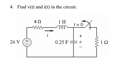4. Find v(t) and i(t) in the circuit.
40
1H
t = 0
ell
i
+
24 V (+
0.25 F =
1Ω
